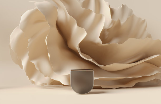 3D显示平台，米色背景与基座。棕色，裸色布料，奢华丝绸。美容化妆品、产品展示展台。女性模型与布波浪。3 d渲染广告图片下载