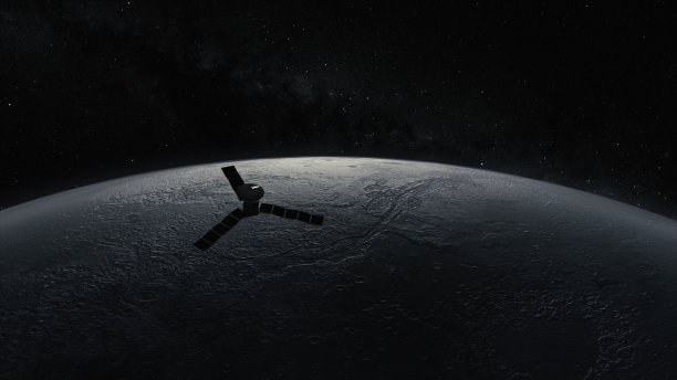 宇宙的概念。一颗太空卫星飞过月球。3d插图图片下载