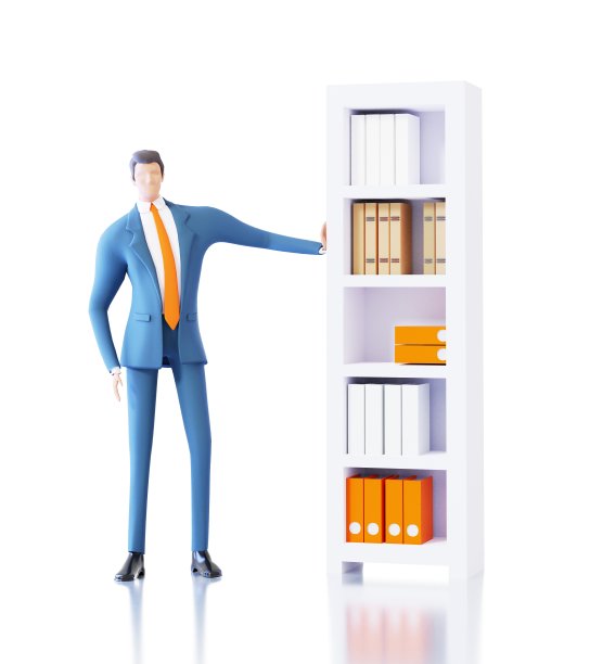 成功的商人靠在一个有文件夹的书柜上。忙碌的人,专业。帮助，支持，咨询概念3D渲染插图。图片下载