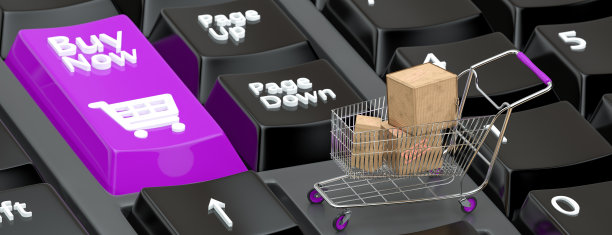 箱子放在手提电脑键盘上的推车里。关于网上购物，网上购物是电子商务的一种形式。三维渲染图片下载