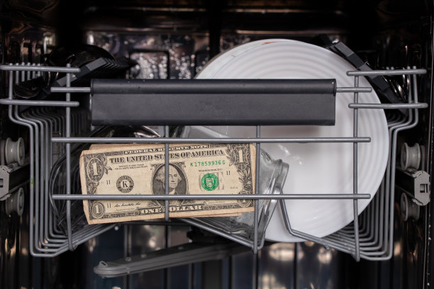 美元在厨房的洗碗机里，洗钱在洗碗机里，金融，储蓄图片下载