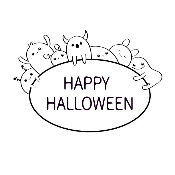 万圣节快乐!可爱的卡通卡哇伊怪物设置。椭圆形的框架。字符集。白色背景。孤立。平面设计。图片下载