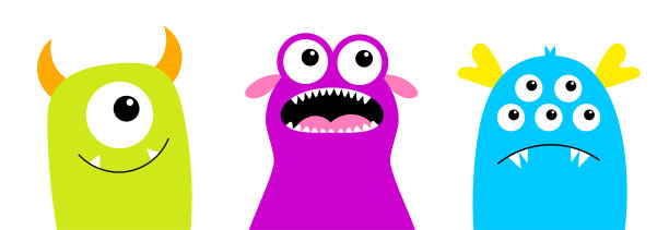 万圣节快乐。怪物设置行。可爱可爱的卡通搞笑宝宝角色。色彩鲜艳的剪影。标签打印。眼睛，角，牙齿，牙舌，翅膀。平面设计。白色背景。图片下载