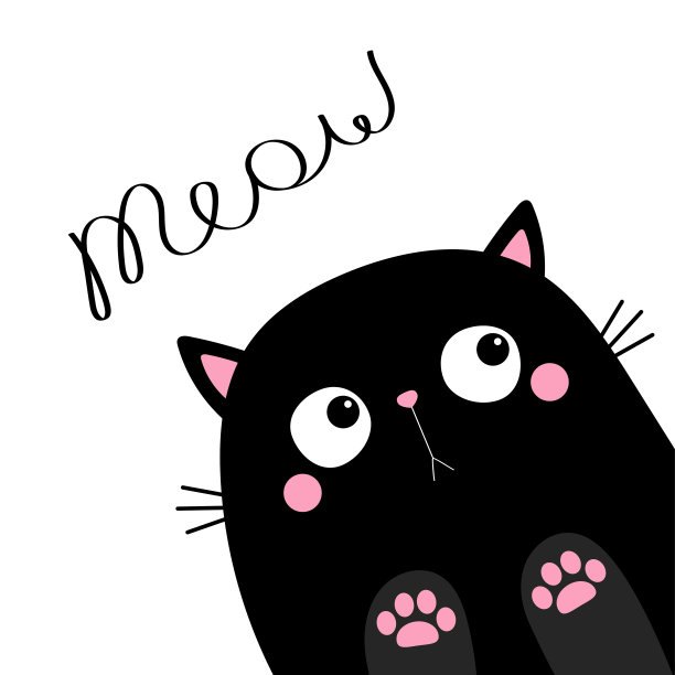 猫叫。猫的脸头像在角落的剪影。爪印。黑色的小猫。可爱可爱的有趣的动物。婴儿卡。笔记本的封面。标签打印。卡通宠物的性格。平面设计。白色背景。图片下载