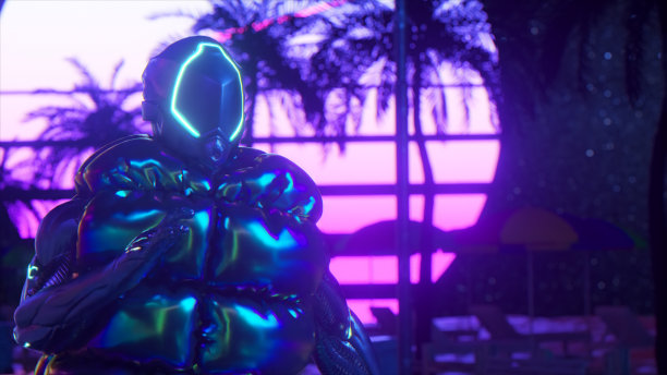 赛博朋克男在复古背景下跳舞。日落。蓝色霓虹灯的颜色。未来的概念。三维演示图片下载