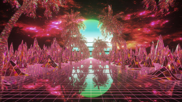 镜面平滑的道路在夕阳的背景下，钻石山和树木。粉红色的绿色。三维演示图片下载