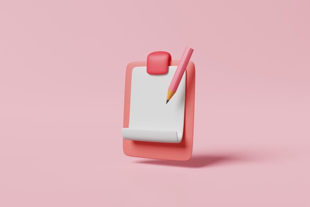 粉红色的剪贴板与空白的白纸和铅笔为注意和清单粉红色的背景。最小商业信息记事本，记事本文件板的任务清单报告概念。三维渲染图片下载