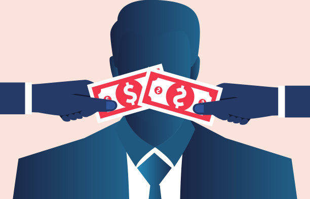 手持钞票试图堵住商人的嘴，行贿，背后隐藏的商业或政治活动图片下载