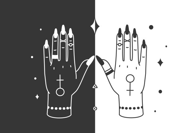 女巫的手。波西米亚巫术塔罗牌海报。精神上的女性臂膀配上配饰，象征着女性和男性图片下载