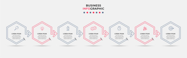 商业信息图表设计模板矢量图标和7个选项或步骤。可用于流程图、演示文稿、工作流布局、横幅、流程图、信息图图片下载
