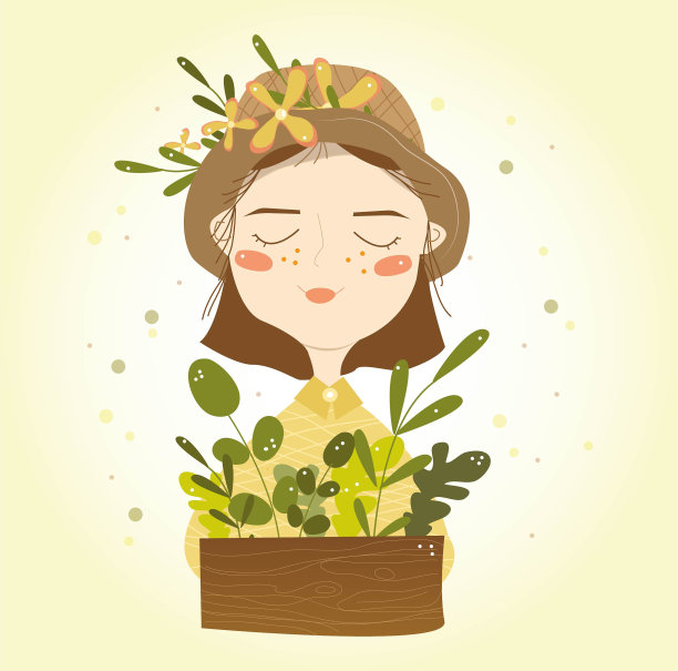 拿着一盒植物的女孩。孤立在白色背景上图片下载