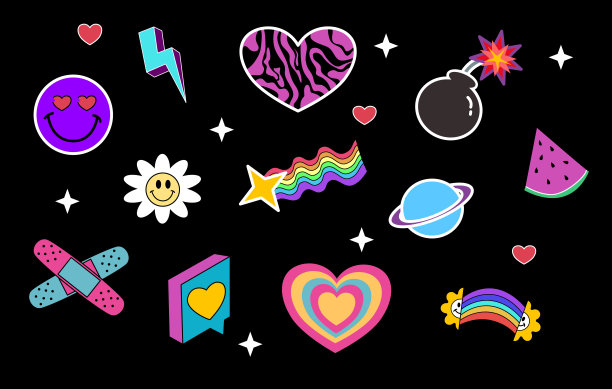 大袋的酸抽象字符和对象。卡通漫画标签贴片。极客潮人几何形状的蒸汽波贴纸。y2k的矢量图图片下载