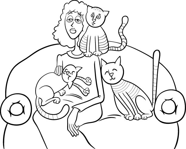 女人和她的猫在沙发上卡通着色页图片下载