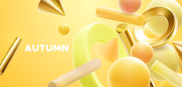 你好秋天标志在黄色的背景与流动的几何形状。图片下载