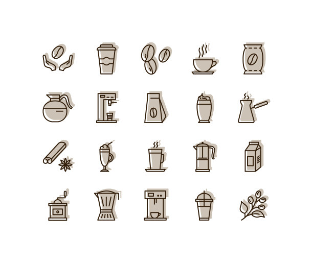 咖啡平线图标设置。豆子，热鸡尾酒和咖啡机，浓缩咖啡杯，卡布奇诺。简单的平面矢量插图商店，网站或移动应用程序图片下载