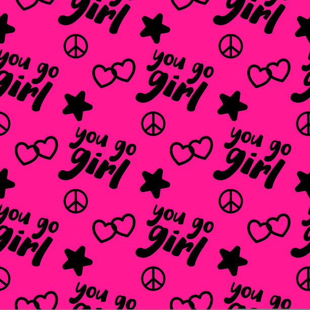 明亮的粉红色和黑色图案，你去女孩。可爱的千年虫风格的纹理为女性赋权的概念。无缝的背景图片下载