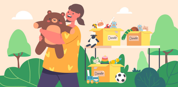 女孩角色从捐款箱拿走免费玩具，人道主义援助贫困儿童，志愿服务和慈善事业图片下载
