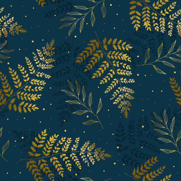 蕨类植物黄金模式。热带花卉无缝图案。彩色热带植物背景。图片下载