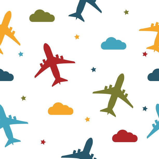 孩子们的图案天衣无缝，与飞机、星星和云彩五彩缤纷图片下载