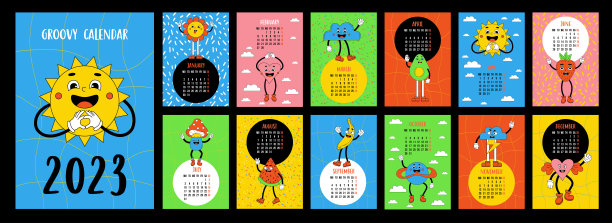 复古日历模板2023与groovy的风格。卡通搞笑漫画人物花力、太阳、心戴着手套。向量。垂直设置12页和封面。英语。星期从星期一。图片下载