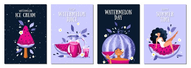 一套夏天明信片与西瓜，西瓜新鲜，一个女人和西瓜冰淇淋。热带插图。暑假，聚会，假期，旅游。矢量模板的卡片，海报和其他图片下载