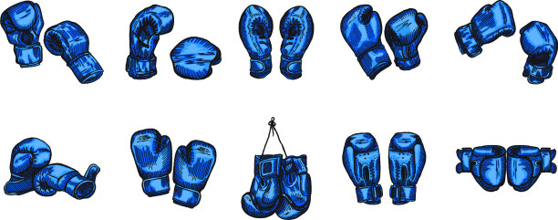 设置蓝色拳击手套草图在孤立的白色图片下载