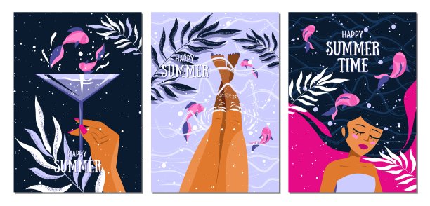 一套夏天明信片与一个女人，鸡尾酒，游泳池，鱼和棕榈叶。热带插图。暑假，聚会，假期，旅游。向量模板的卡片，海报，传单，横幅和其他图片下载