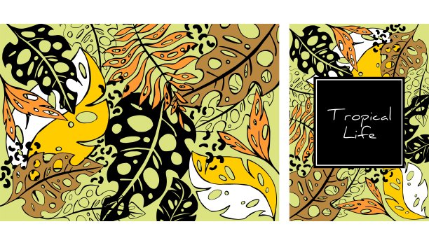 热带颜色树叶图案，手绘矢量插图。热带植物。夏天的设计。创造性的背景。图片下载