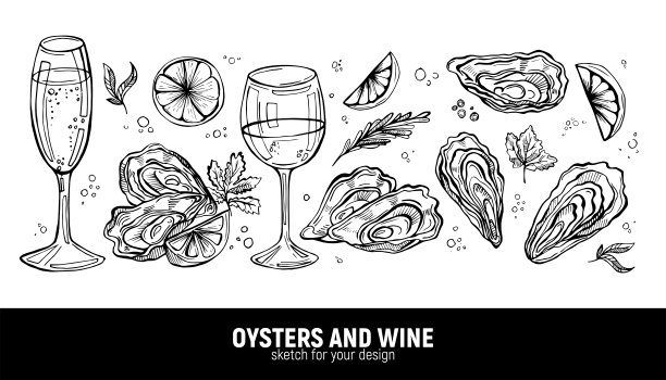 一套手绘牡蛎和白葡萄酒(香槟)。浪漫假日的海鲜佳肴。菜单或广告草图图片下载