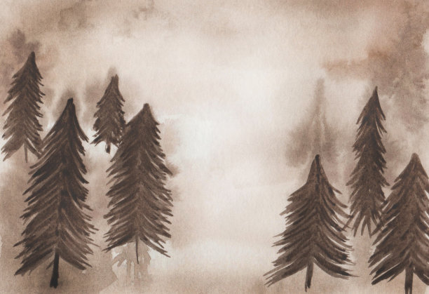 水彩插图手绘树在棕色，米色。自然针叶林。松树、冷杉、云杉。抽象的景观背景。艺术圣诞卡，室内横幅，海报图片下载