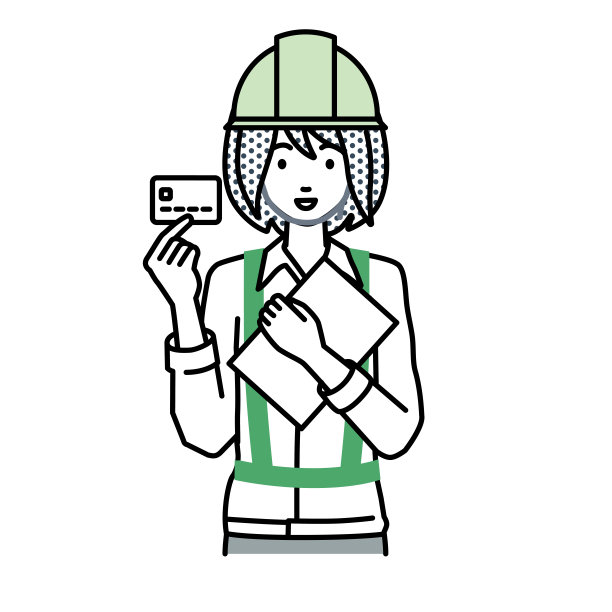 一个在建筑工地工作的女人拿着一张信用卡和一台文件笔记本电脑图片下载