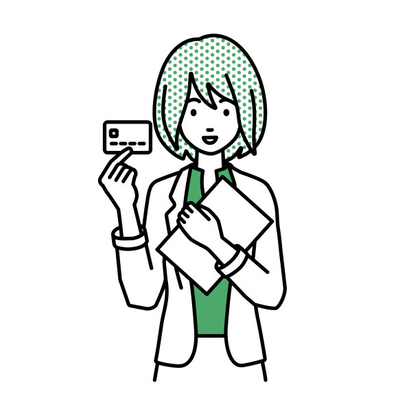 一个穿着工作夹克的女人拿着一张信用卡和一台文件笔记本电脑图片下载