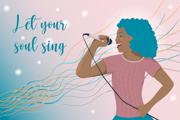 年轻快乐微笑的女人对着话筒横幅唱歌图片下载