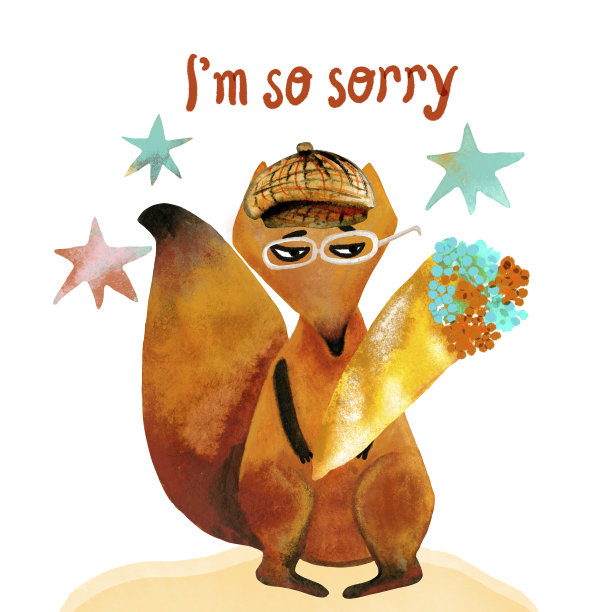 水彩方形卡片，一只悲伤的狐狸戴着帽子和眼镜，还有一束花，上面写着我很抱歉。图片下载