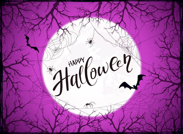 紫色万圣节背景与蜘蛛在月亮的背景图片下载