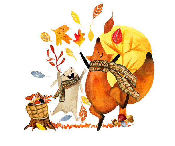 水彩插图狐狸和兔子，野兔，兔子，有趣的动物，秋天的森林，朋友，秋天的气氛，感恩节，树叶落下，水彩纹理。图片下载