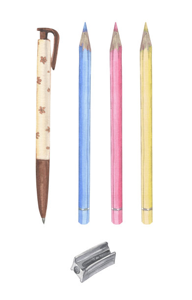 文具手绘水彩。钢笔、铅笔孤立在白色背景上，用来做广告小册子、明信片、请柬。图片下载