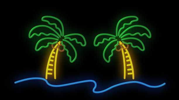 霓虹的棕榈树漂浮在海面上图片下载