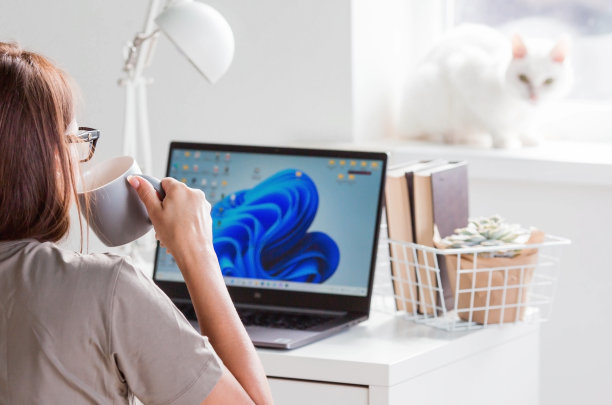 一个年轻快乐美丽的自由职业女商人，坐在家里的办公室里，用笔记本电脑，智能手机和喝咖啡。女人在家工作。猫在背景里。图片下载