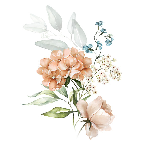 水彩花束-插图与腮红粉红色，红色，黄色，橙色，白色，蓝色，黄色鲜艳的花朵，绿色的叶子。图片下载