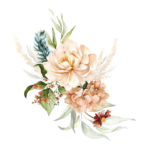 水彩花束-插图与腮红粉红色，红色，黄色，橙色，白色，蓝色，黄色鲜艳的花朵，绿色的叶子。图片下载