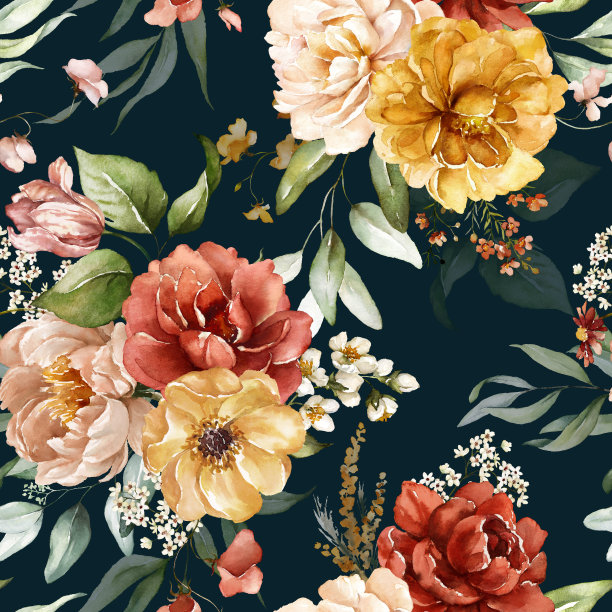 花水彩无缝图案-粉红色腮红红色蓝色黄色红色橙色酒红色白色的花朵元素，绿色的叶子树枝在黑色的背景。图片下载