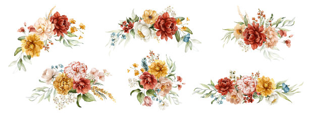 水彩花卉花束集合集-插图与腮红粉红色，蓝色，橙色，白色，红色，黄色生动的花朵，绿色的叶子。图片下载