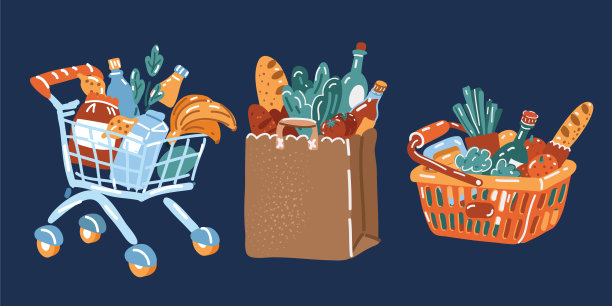 卡通矢量插图的购物袋和篮子设置。杂货采购，纸质包装，袋装产品。天然食品，有机果蔬。百货公司的商品。图片下载