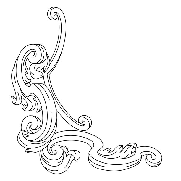 巴洛克风格的装饰性花角。雕刻黑色卷曲植物。图片下载