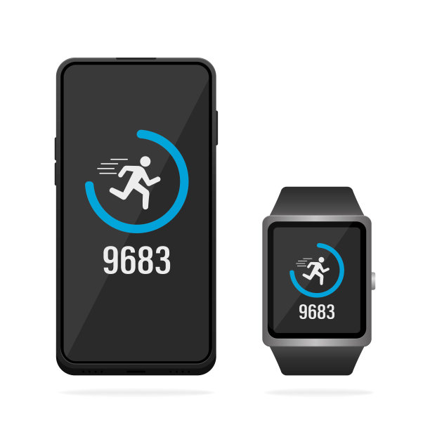 无线同步手机与健身追踪器。步数和卡路里计算技术。健康控制应用。屏幕上有象形符号的智能设备。图片下载