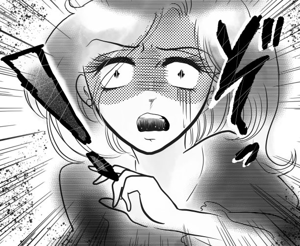 在70年代的手作漫画风格中，一个惊恐的美丽女人苍白的脸和白色的眼睛的黑白插图图片下载