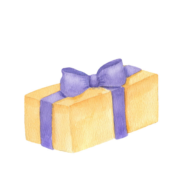 水彩画黄色礼盒与蝴蝶结。手绘插图孤立在白色背景上图片下载