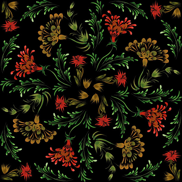 乌克兰民间绘画风格Petrykivka。花卉水彩无缝图案从红色的花朵，棕色和绿色的叶子在黑色的背景图片下载