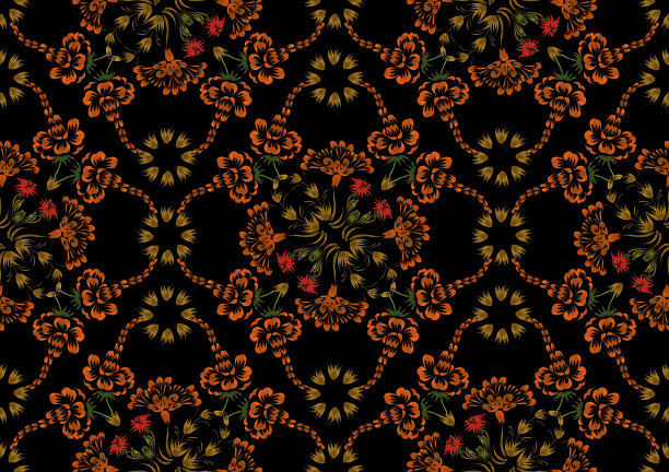 乌克兰民间绘画风格Petrykivka。花卉水彩无缝图案从红色的花朵，棕色和绿色的叶子在黑色的背景图片下载